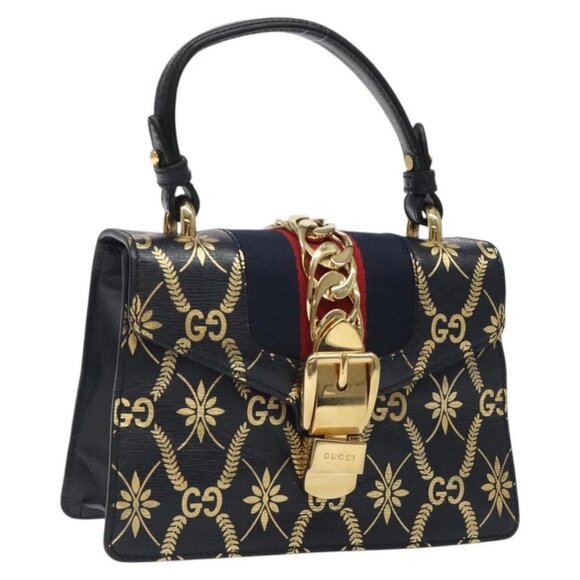 Gucci Handbags - GUCCI Silvi Sherry Line Hand Bag Leather 2way Navy Gold Red